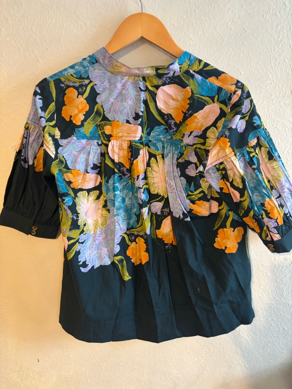 Anthropologie Navy Floral Puff-Sleeve Blouse - Picture 4 of 6